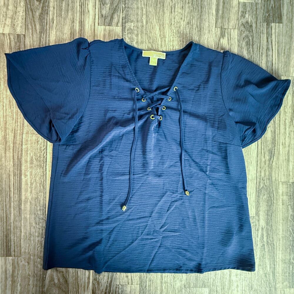 Michael Kors Navy Blue Lace Up Blouse Medium Flutter Sleeve V Neck Top M